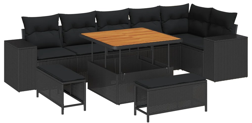 Conjunto de Sofá de Jardim de 9 Peças com Almofadas Rattan Preto Acáci