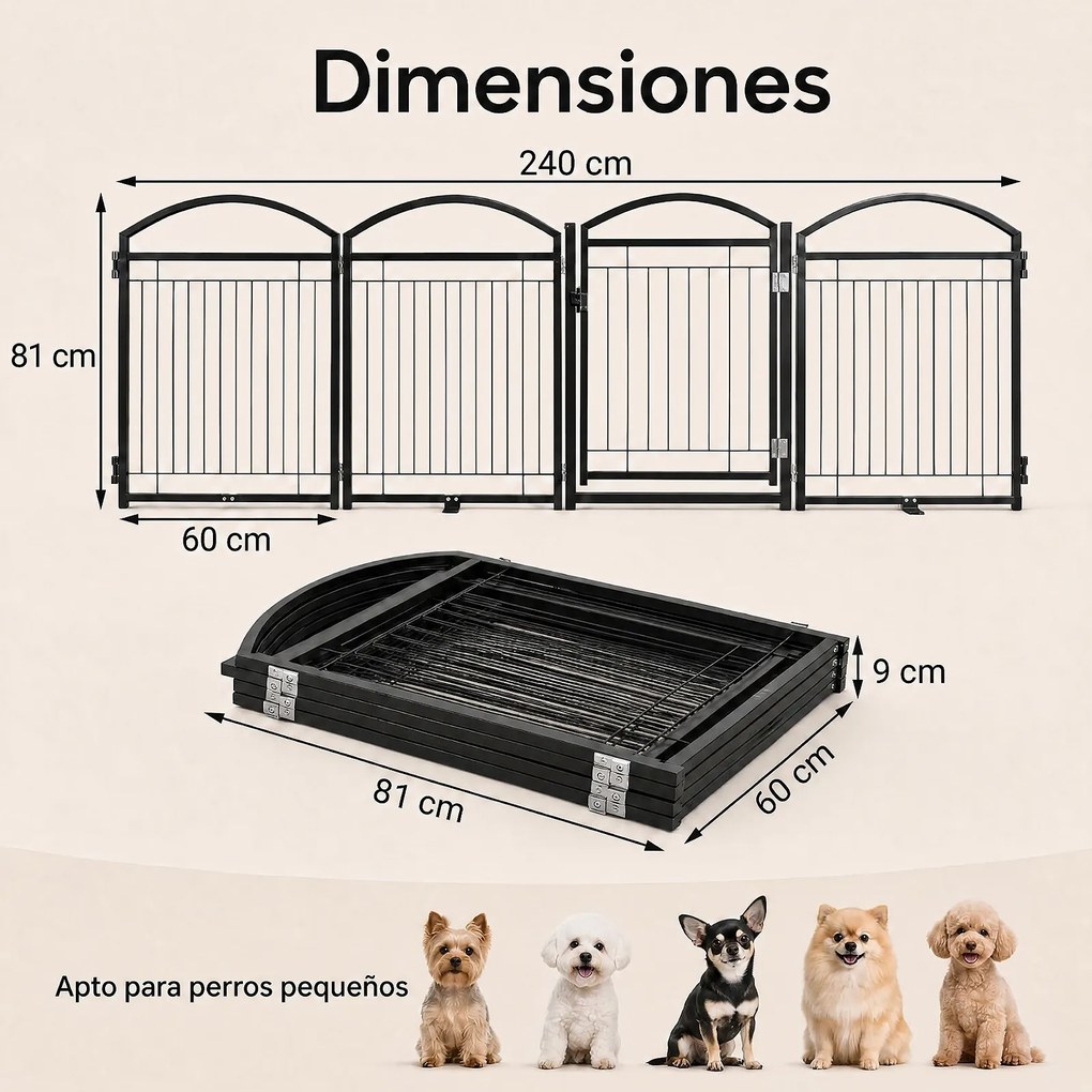 Vedação para Cães, 240 x 81 cm, 4 Painéis Modulares Dobráveis, Preto