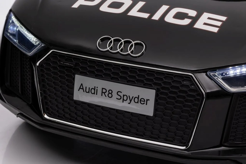 Carro elétrico para Crianças Audi R8 Policia 12V Rodas Espuma EVA, Assento couro ecológico Preto