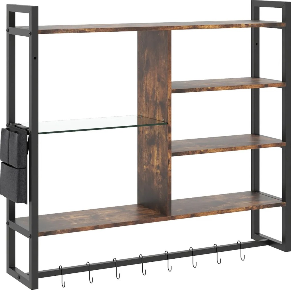 Prateleira suspensa moderna 107 x 24 x 96 cm, 6 níveis, 8 ganchos e bolso lateral para cozinha, bar ou casa – Preta e castanha