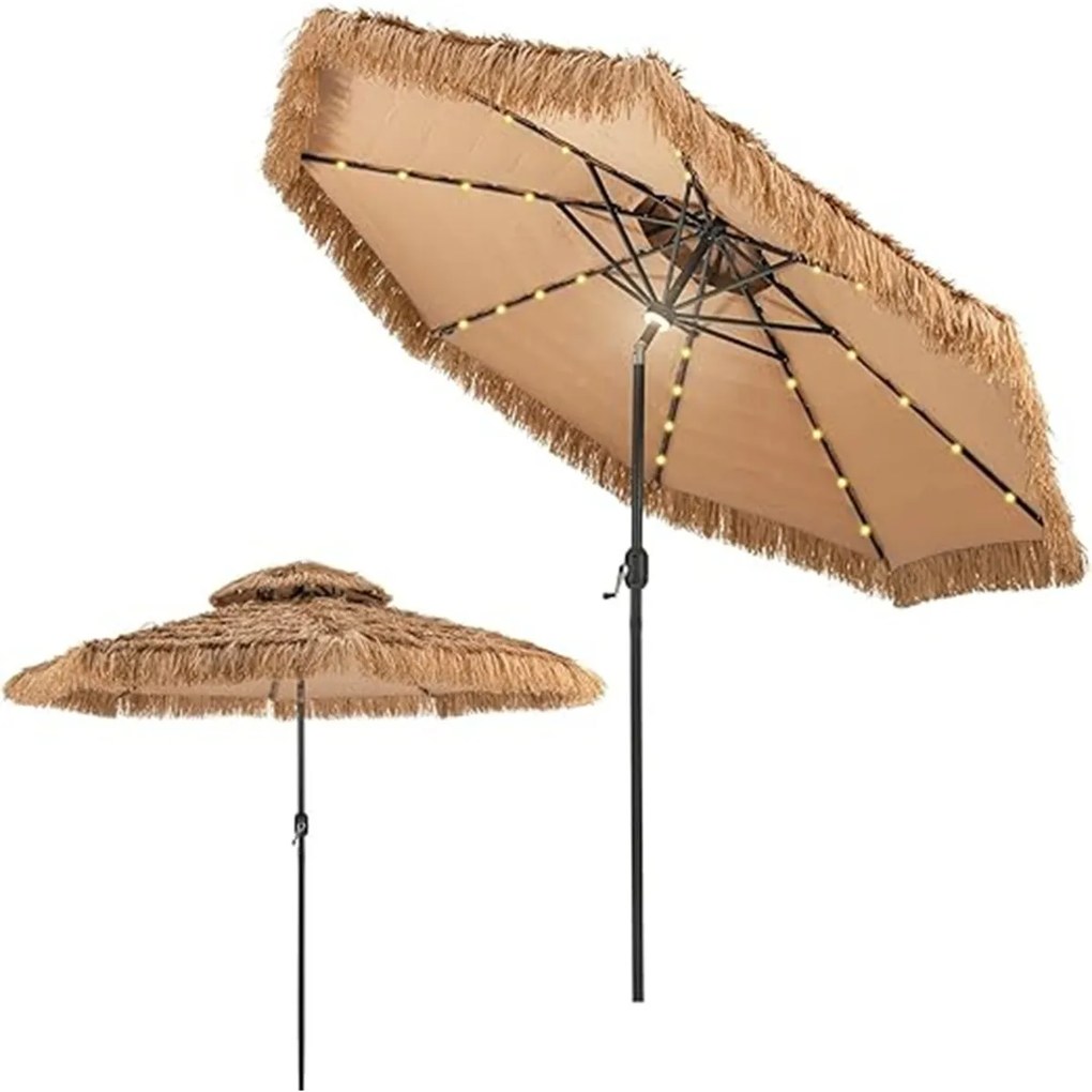 Guarda-sol Ø300cm Havaiano com LUZES LED de Palha PE Guarda-sol de Rafia Inclinável com 8 Varas Duplo Teto (SEM BASE) Natural