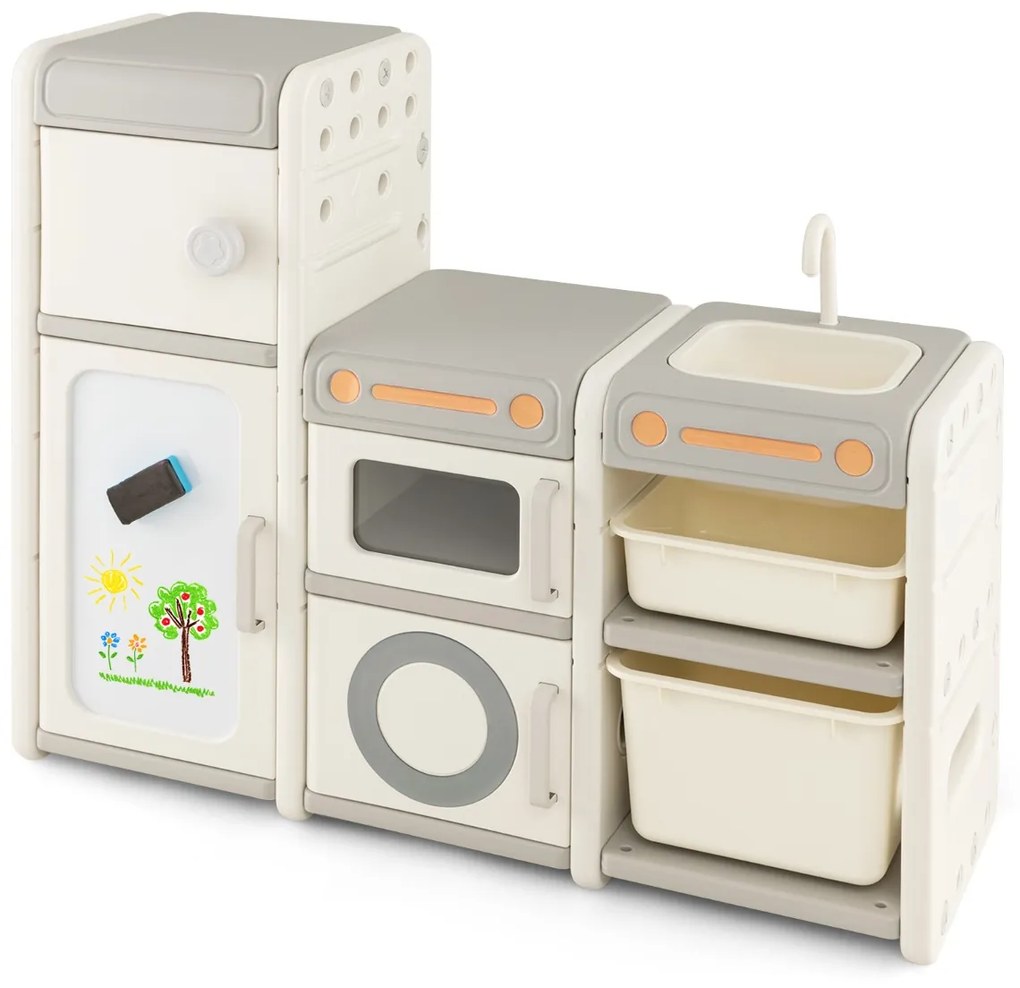 Organizador de arrumação de brinquedos para crianças Estante para crianças com quadro magnético Baú com armarios 116 x 38 x 98 cm Cinzento