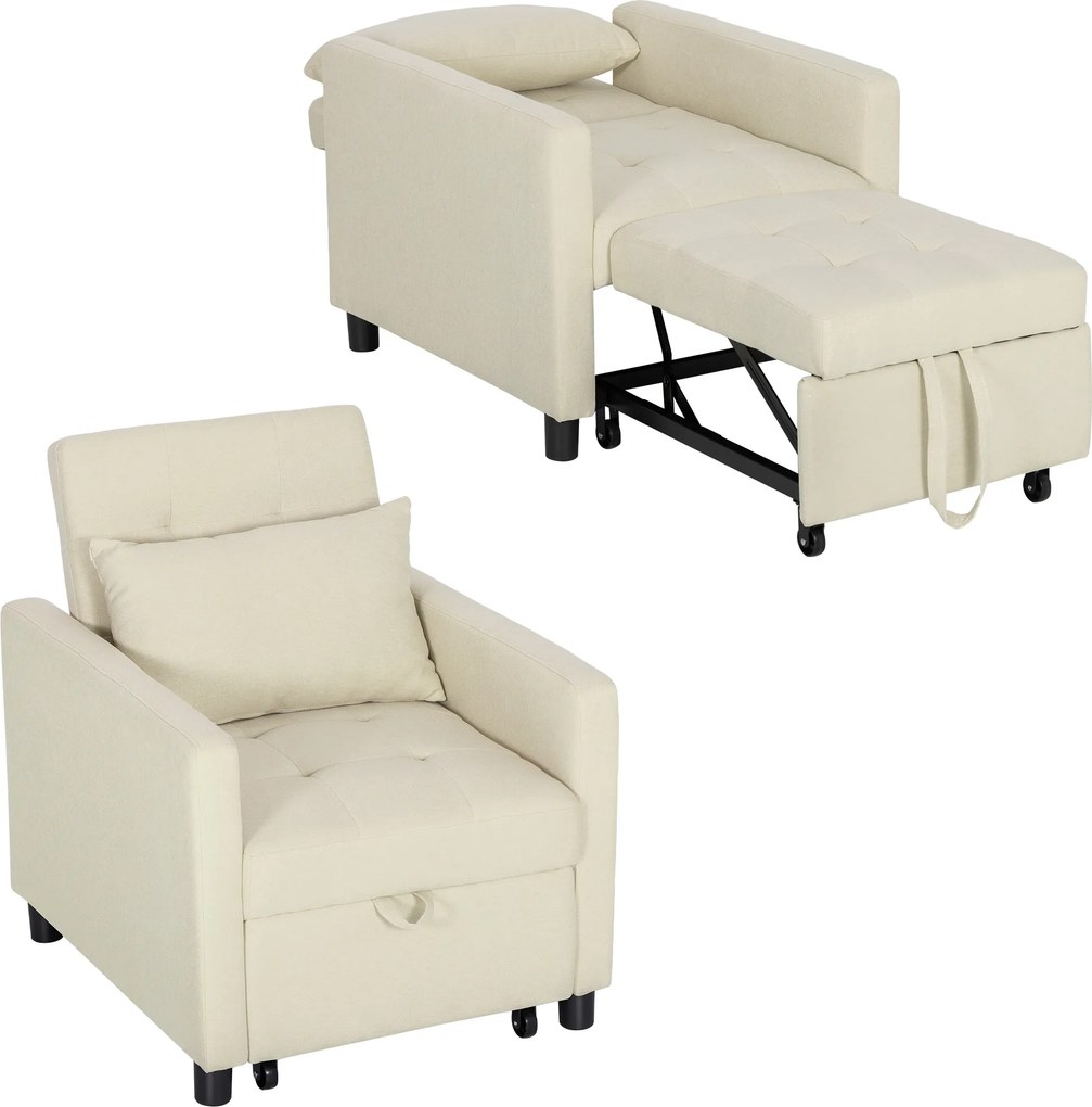 Sofá Cama Individual Poltrona com 4 Rodas Encosto Reclinável Almofada Extra e Assento Acolchoado 69x82,5x84 cm Bege