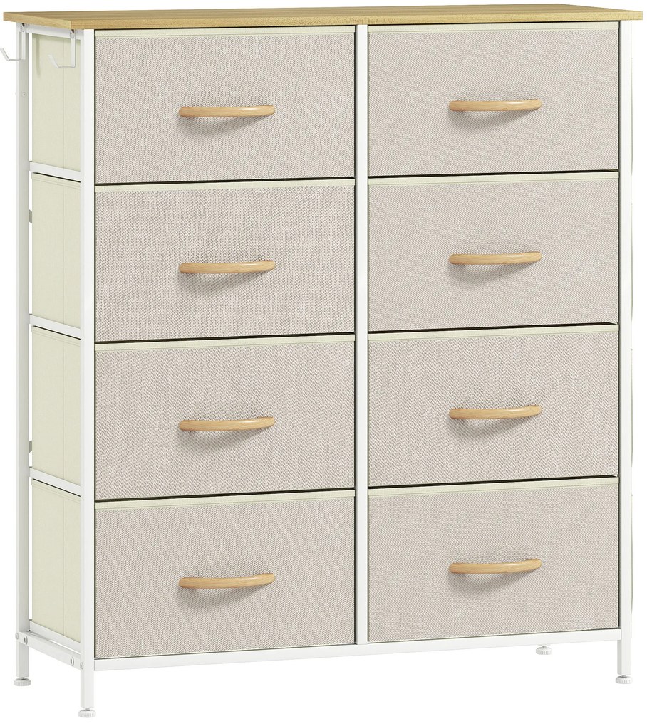 HOMCOM Cómoda Alta de Tecido com 8 Gavetas 4 Bolsos Laterais 2 Ganchos e Estrutura de Aço 86x30x94,5 cm Bege | Aosom Portugal