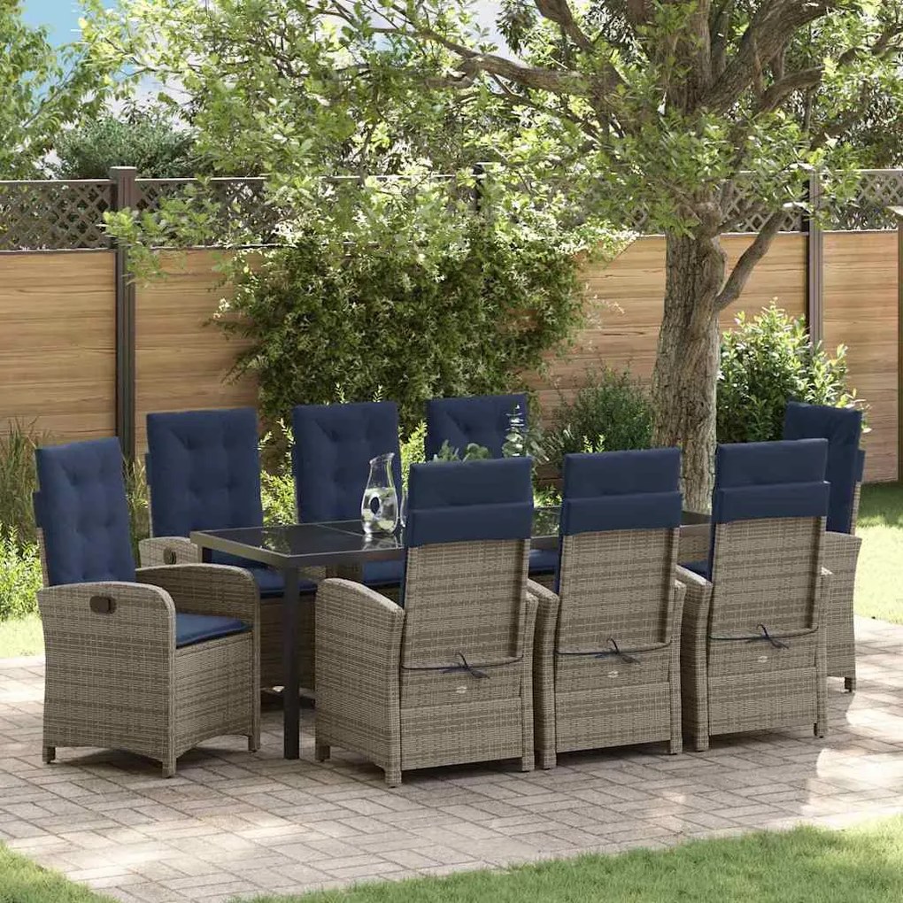 vidaXL Conjunto de Jantar de Jardim com 9 Peças e Almofadas em Polirattan Cinza.