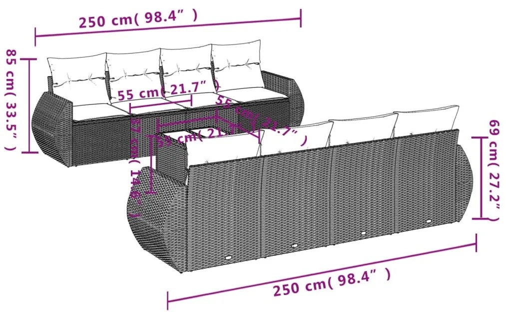 9 pcs conjunto sofás p/ jardim c/ almofadões vime PE castanho