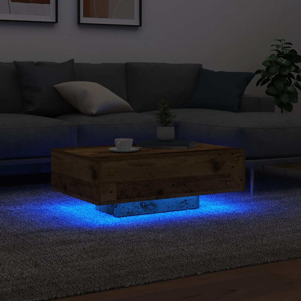 Mesa de Centro vidaXL com Luzes LED Madeira Antiga 85x55x31 cm