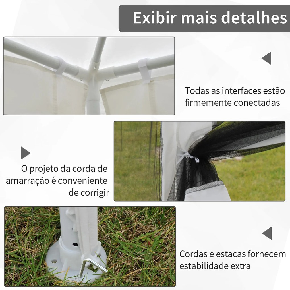 Tenda Pérgola de jardim 4x3 m com redes mosquiteiras laterais de telhado duplo e portas com fecho preto e branco