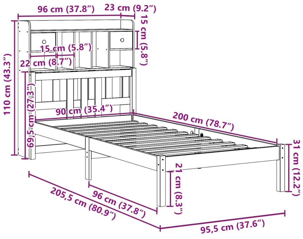 Cama com estante sem colchão 90x200 cm pinho maciço branco