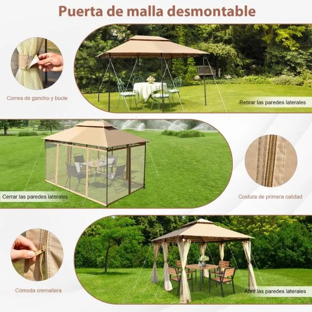 Pérgola com rede amovível Estrutura de aço duplo para churrasco Picnic Casamento 3,9 x 2,9 m ) Castanho