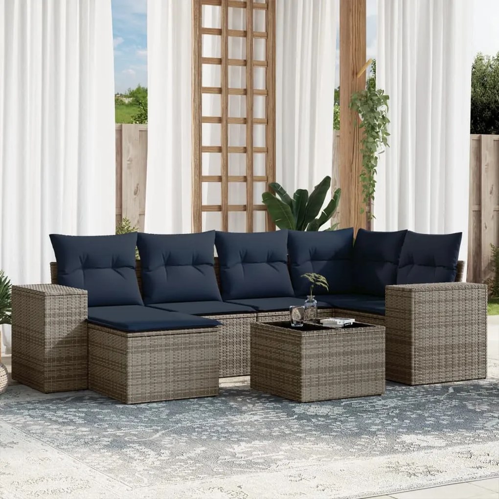 vidaXL 7 pcs conjunto sofás p/ jardim c/ almofadões vime PE cinzento