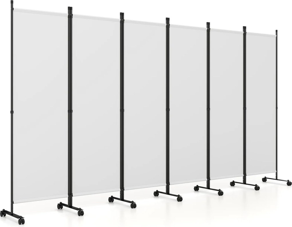 Biombo Separador de Espaço Dobrável de 6 Painéis, 331,5 x 35,5 x 173 cm, Rodas com Travão, Branco