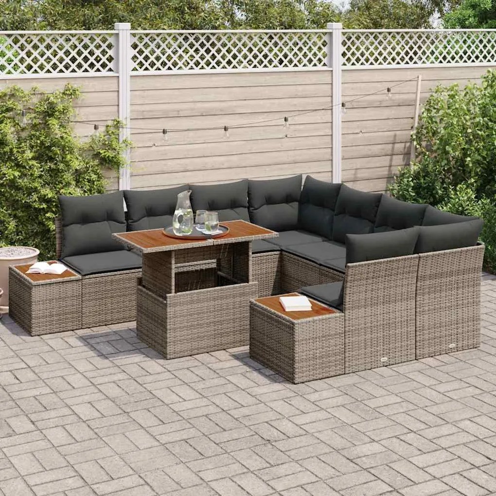Conjunto de Jantar de Jardim com 9 Peças e Almofadas Cinzas em Rattan