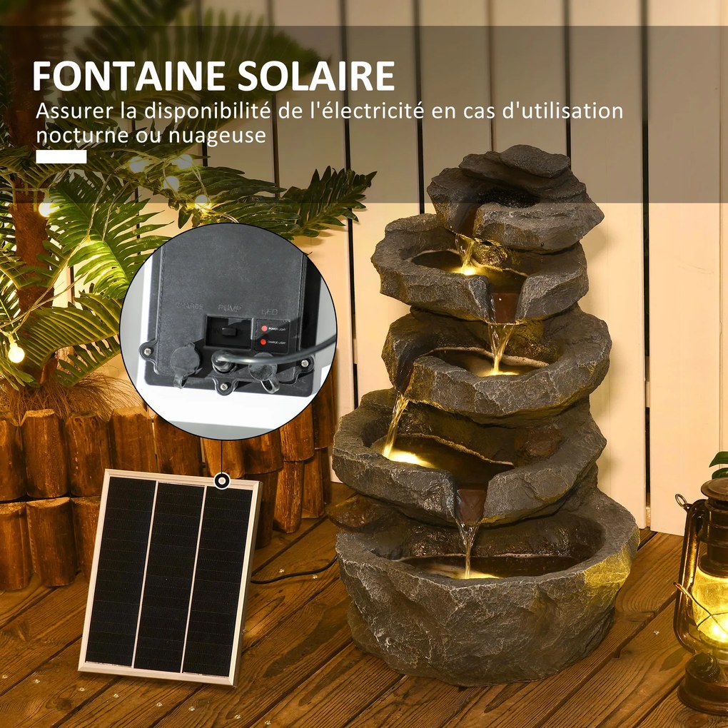 Fonte de jardim solar com cascata de 5 níveis em resina, com luzes LED e bomba, cinzenta
