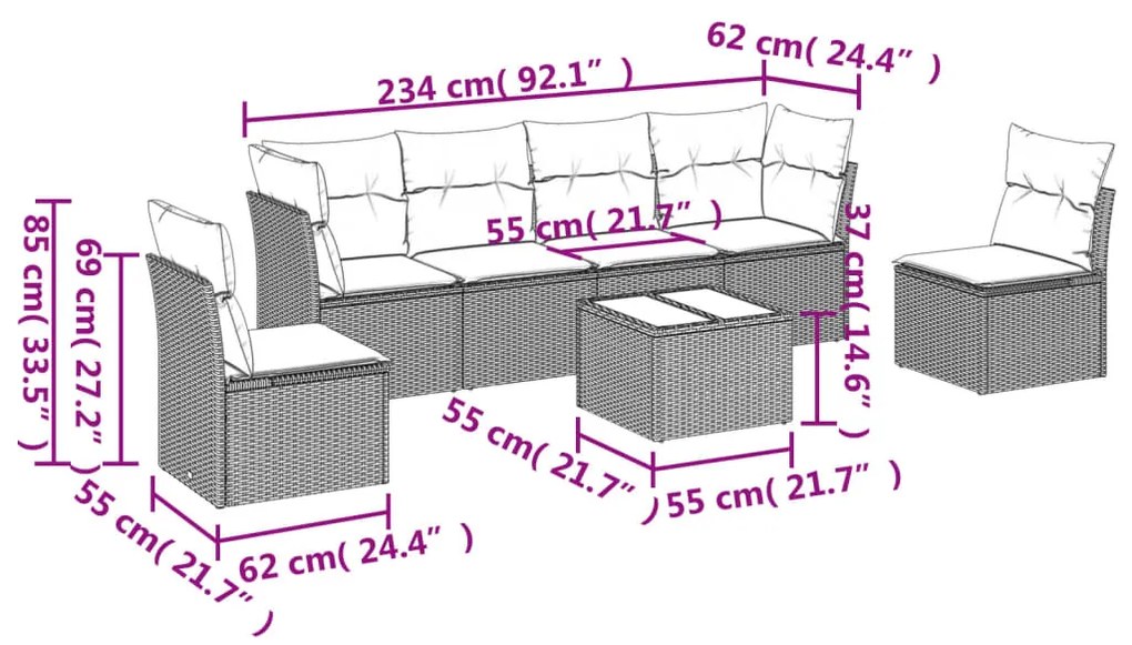7 pcs conjunto de sofás p/ jardim c/ almofadões vime PE preto