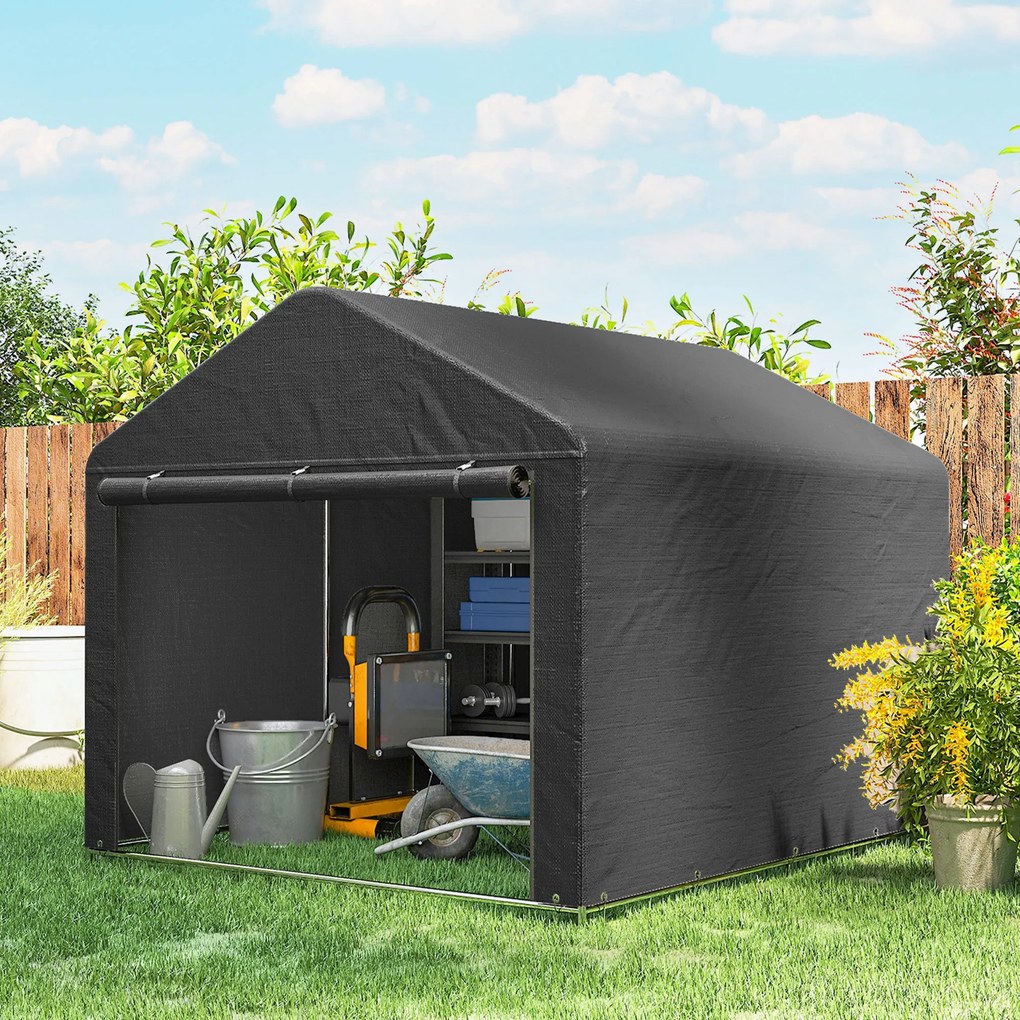 Abrigo de jardim em forma de tenda, impermeável, para arrumação, com porta enrolável e fecho de correr, 200 x 238 x 183 cm, cinzento escuro