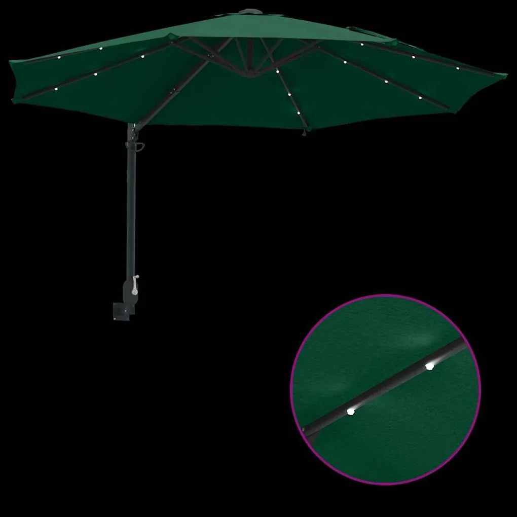 Guarda-sol de Jardim Montado na Parede com LEDs Verde 248 cm