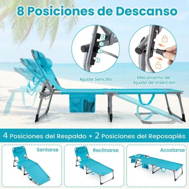 Espreguiçadeira dobrável para exterior, reclinável, com orifícios, apoio para o rosto, braços e encosto ajustável, bolsos, portátil, para praia e pisc