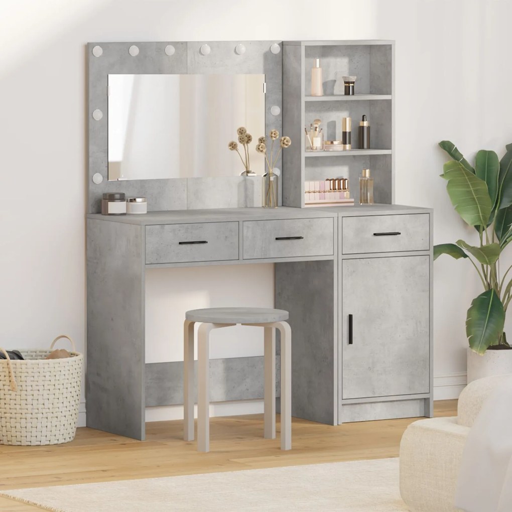 Conjunto de Mesa de Maquilhagem 2 Peças com LED Cinza Concreto Madeira