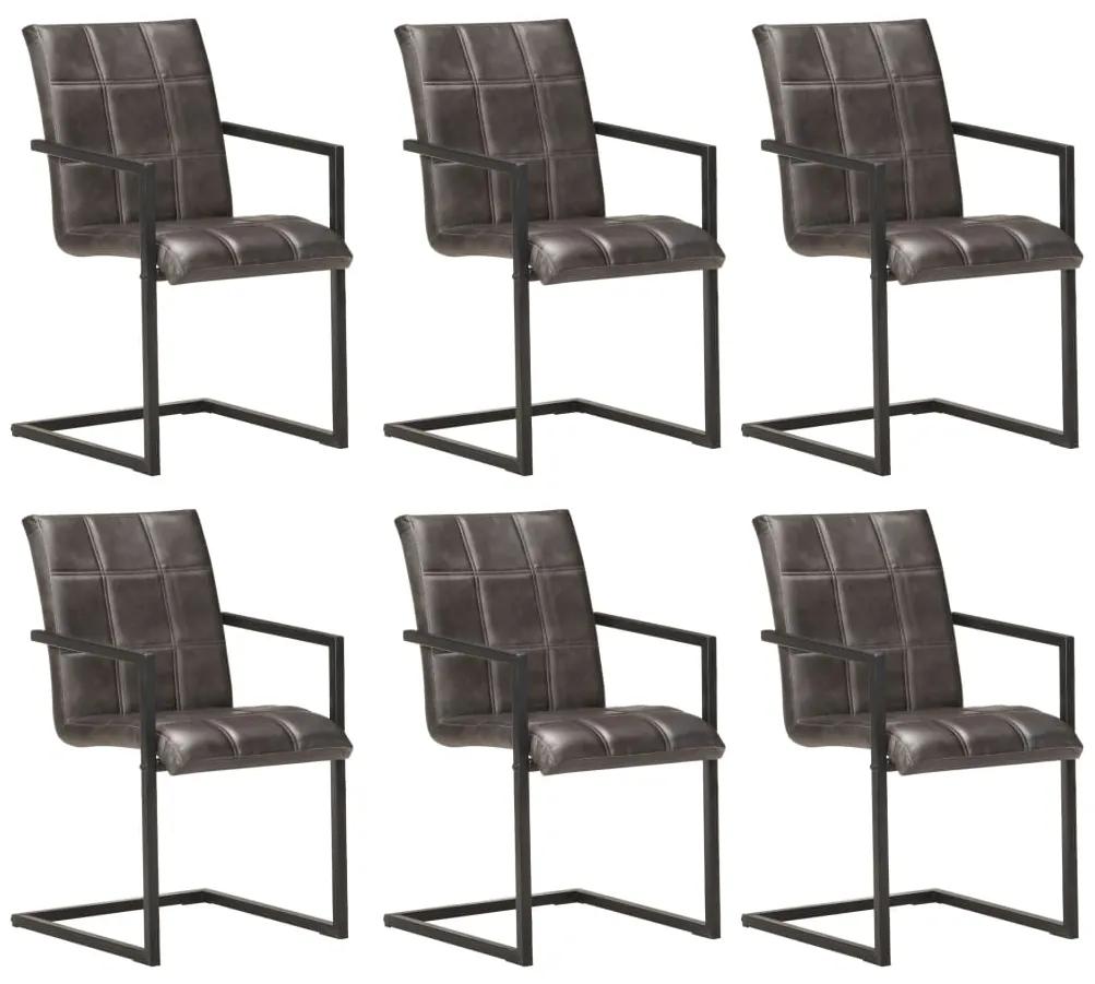 Cadeiras de jantar cantilever 6 pcs couro genuíno cinzento
