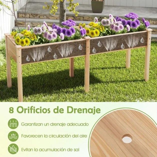 Floreira elevada com separador e 8 orifícios de drenagem para vegetais e flores para jardim ou terraço 184 x 58 x 77 cm Natural