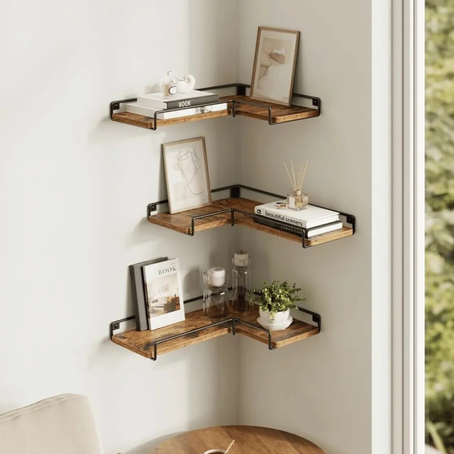 Conjunto de 3 prateleiras de parede em forma de L com design industrial em castanho vintage