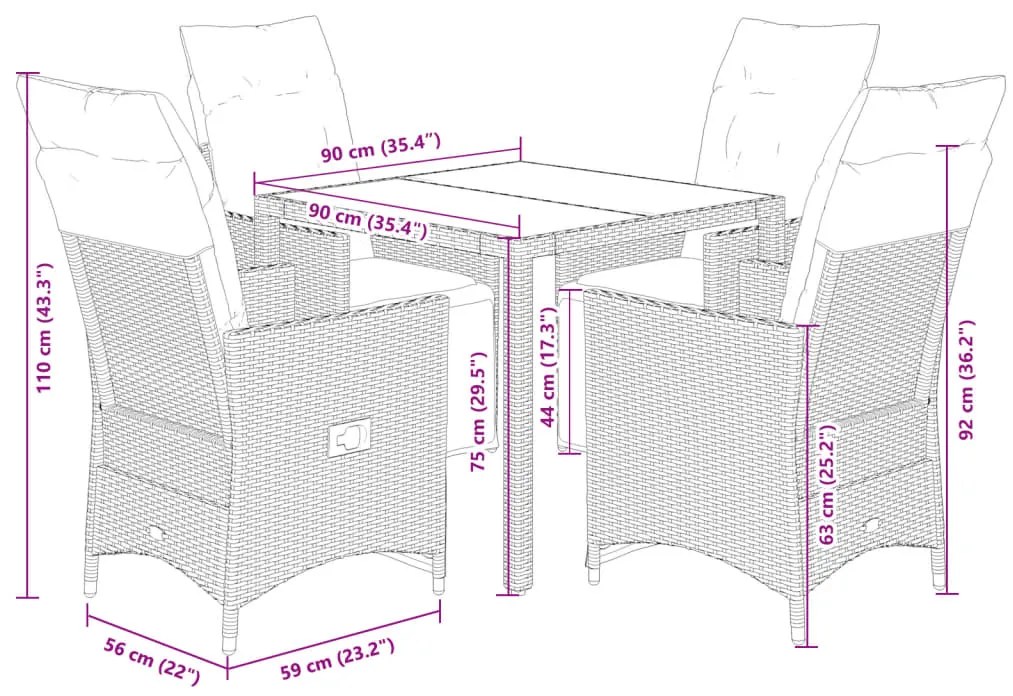 5 pcs conjunto bistrô de jardim c/ almofadões vime PE cinza