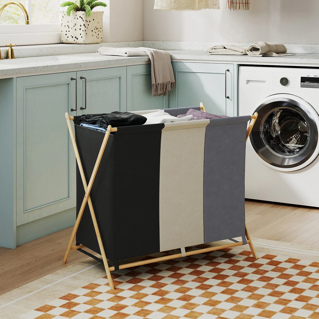 Cesto para Roupa Suja Dobrável com 3 Compartimentos Capacidade 129L com Estrutura de Bambu e Sacos Removíveis Multicolor