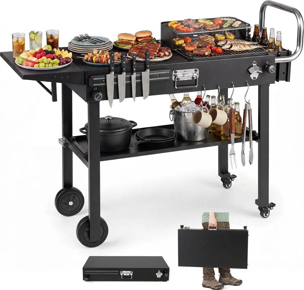 Carrinho Auxiliar para Churrasco com Rodas, 118 x 43 x 88 cm, Dobrável, Preto