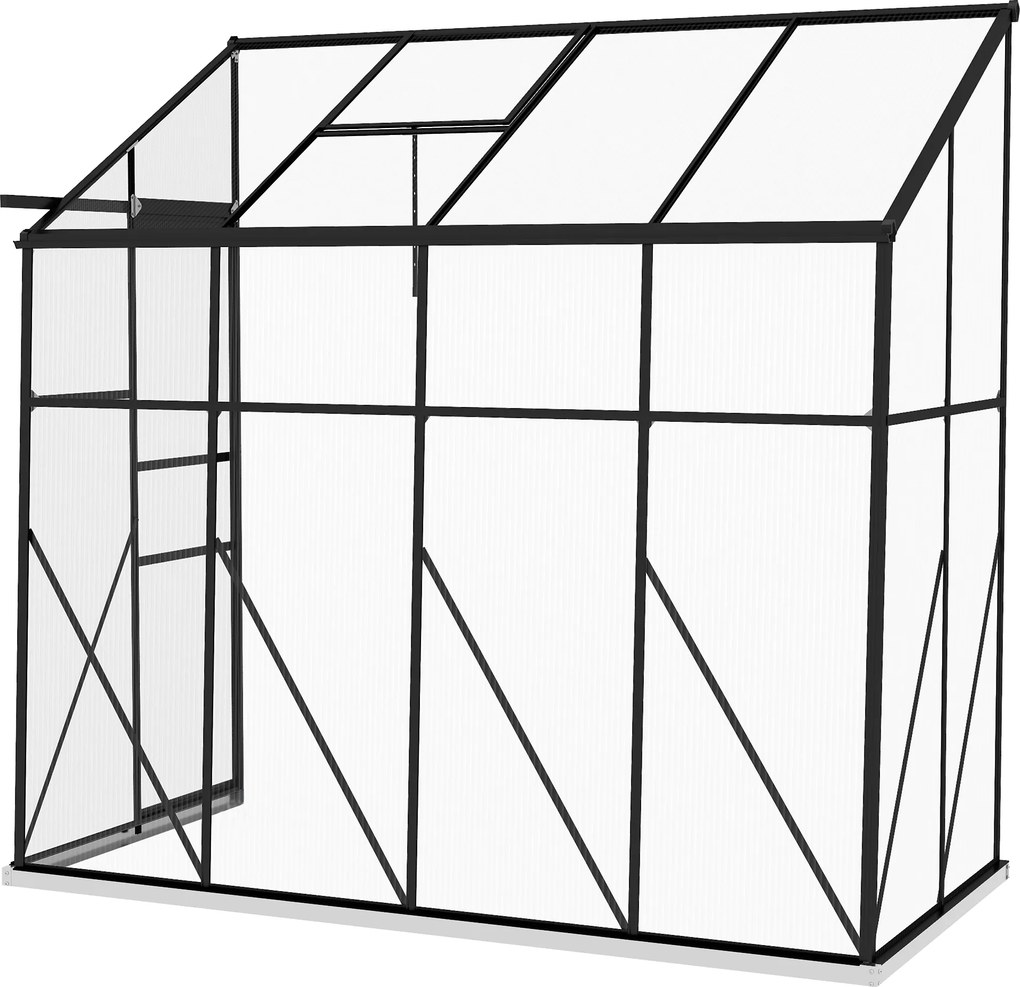 Estufa de jardim 127 x 253 x 240 cm parede em policarbonato, com porta de correr, ventilação no telhado, base, preta
