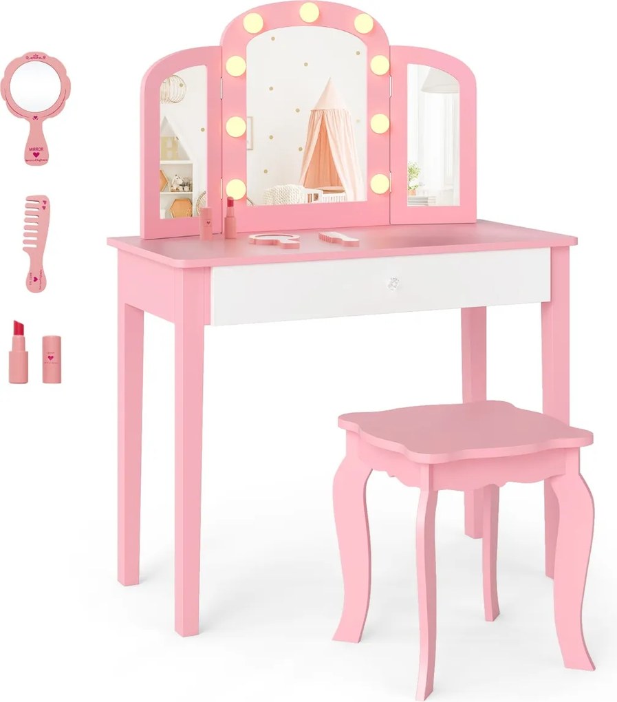 Conjunto de Toucador infantil Princesa 2 em 1 com espelho removível, luzes ajustáveis, banquinho e gaveta em imitação de madeira para maiores de 3 ano