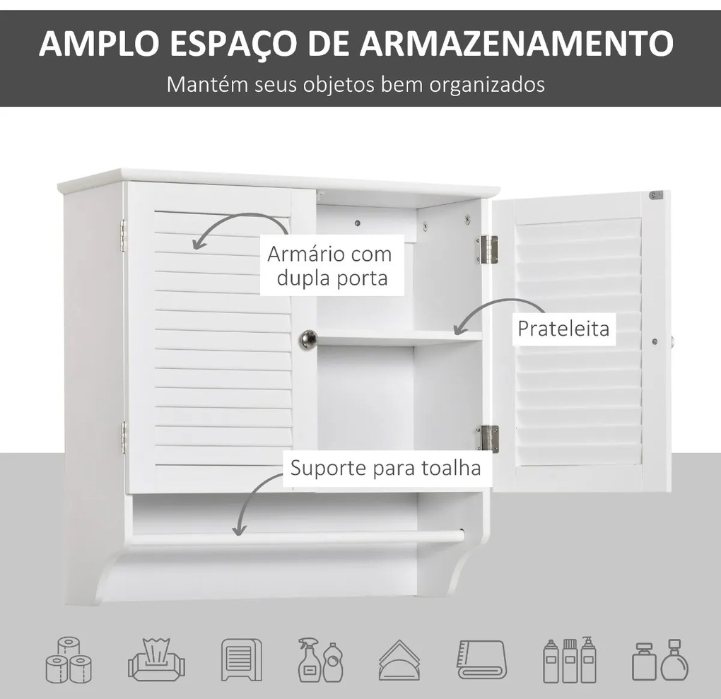 Armário Casa de Banho de Parede 60x23x60cm com 2 Portas de Persiana Prateleira Interior e Barra para Toalhas Móvel Auxiliar Suspenso Moderno Multiuso