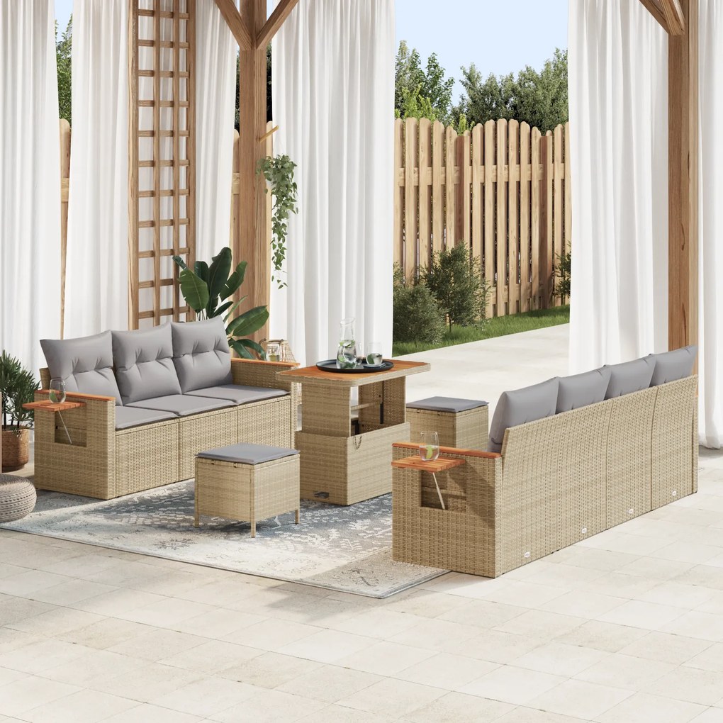 Conjunto de Sofás Jardim vidaXL de 10 Peças com Almofadas Beje Rattan Poliéster Acácia