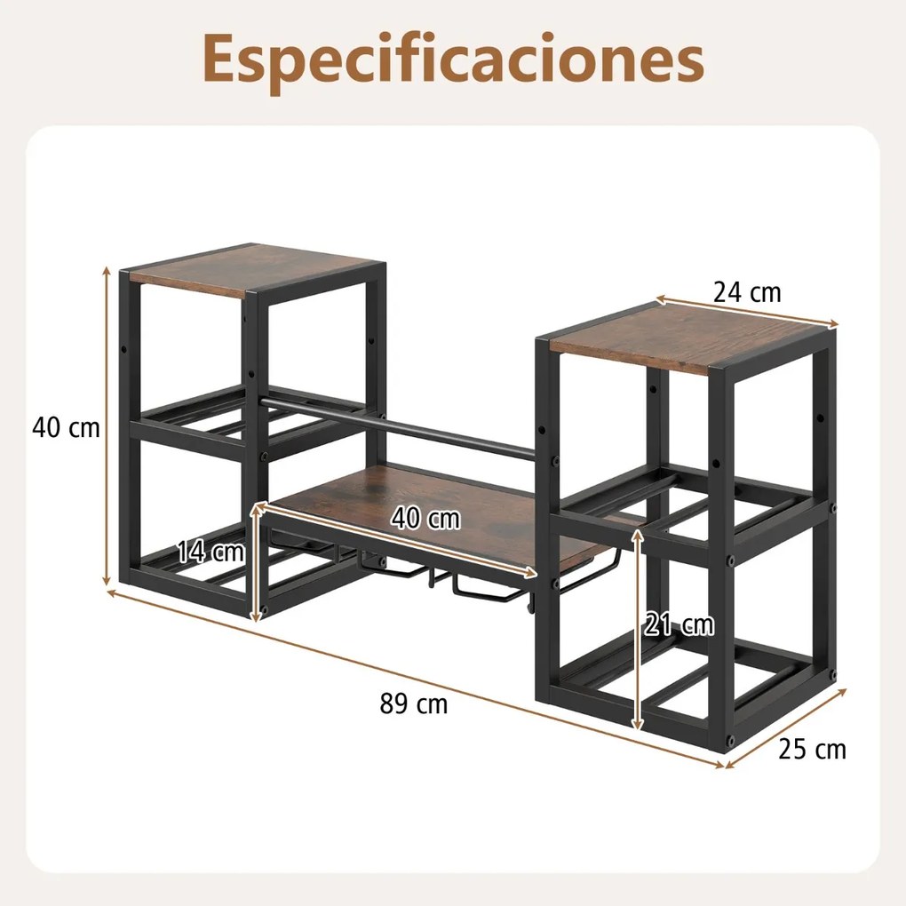 Garrafeira de parede 89 x 25 x 40 cm para vinho com suportes para garrafas, suportes para copos, prateleiras abertas, estrutura metálica, estilo indus