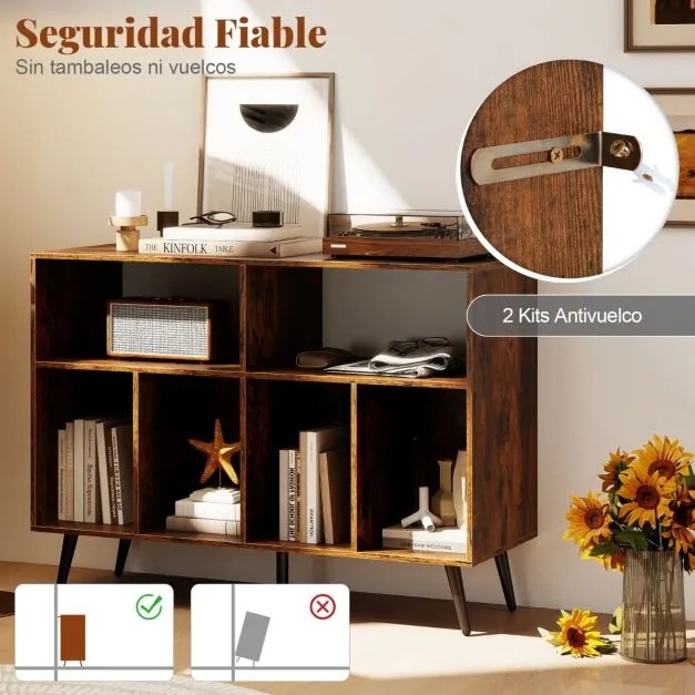 Suporte para gira-discos e discos vinil com 2 prateleiras abertas e 4 compartimentos para sala de estar ou quarto 100 x 40 x 74,5 cm Castanho e preto