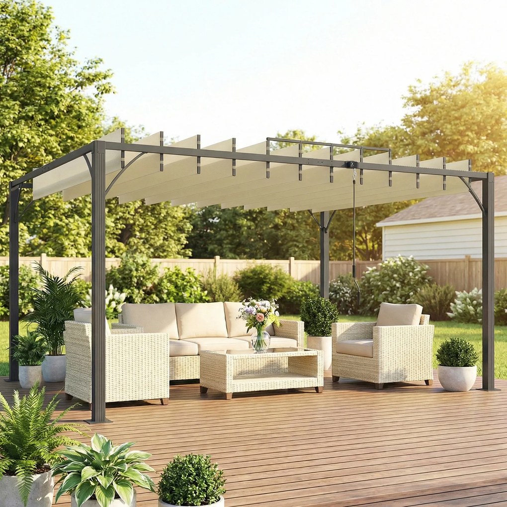 Pérgola 3,90x2,95 para Jardim com Desenho de Lâminas Superiores Giratórias até 135° Proteção UV 50+ para Pátio Terraço Creme