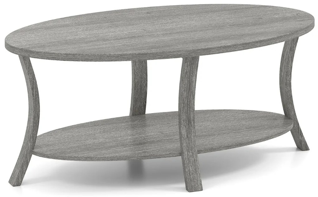 Mesa de Centro Oval 2 níveis 111 x 60,5 x 47 cm com prateleira de armazenamento cinzento