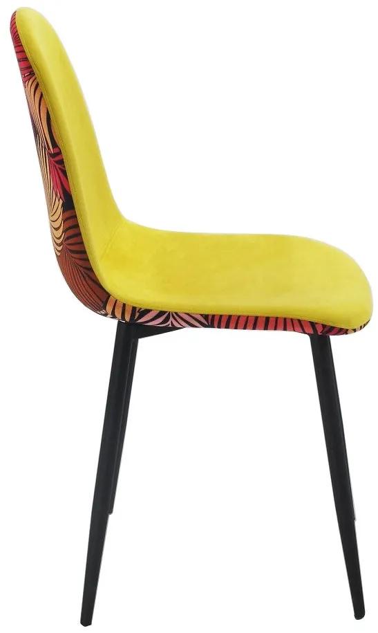 Conjunto 4 Cadeiras de Cozinha e Sala de Jantar  HORUS, metal, tecido veludo amarelo com costas florais combinando