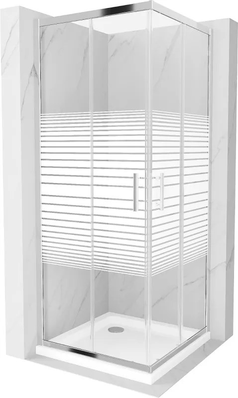 Mexen Rio cabine de duche quadrada 80 x 80 cm, faixas brancas, cromado + base de duche Flat, branco - 860-080-080-01-20-4010