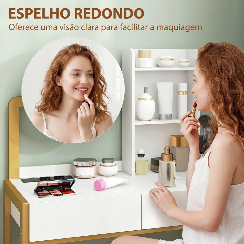 Toucador de Maquilhagem com Espelho e Banco Acolchoado Estação de Carregamento 2 Gavetas 3 Prateleiras para Quarto Branco