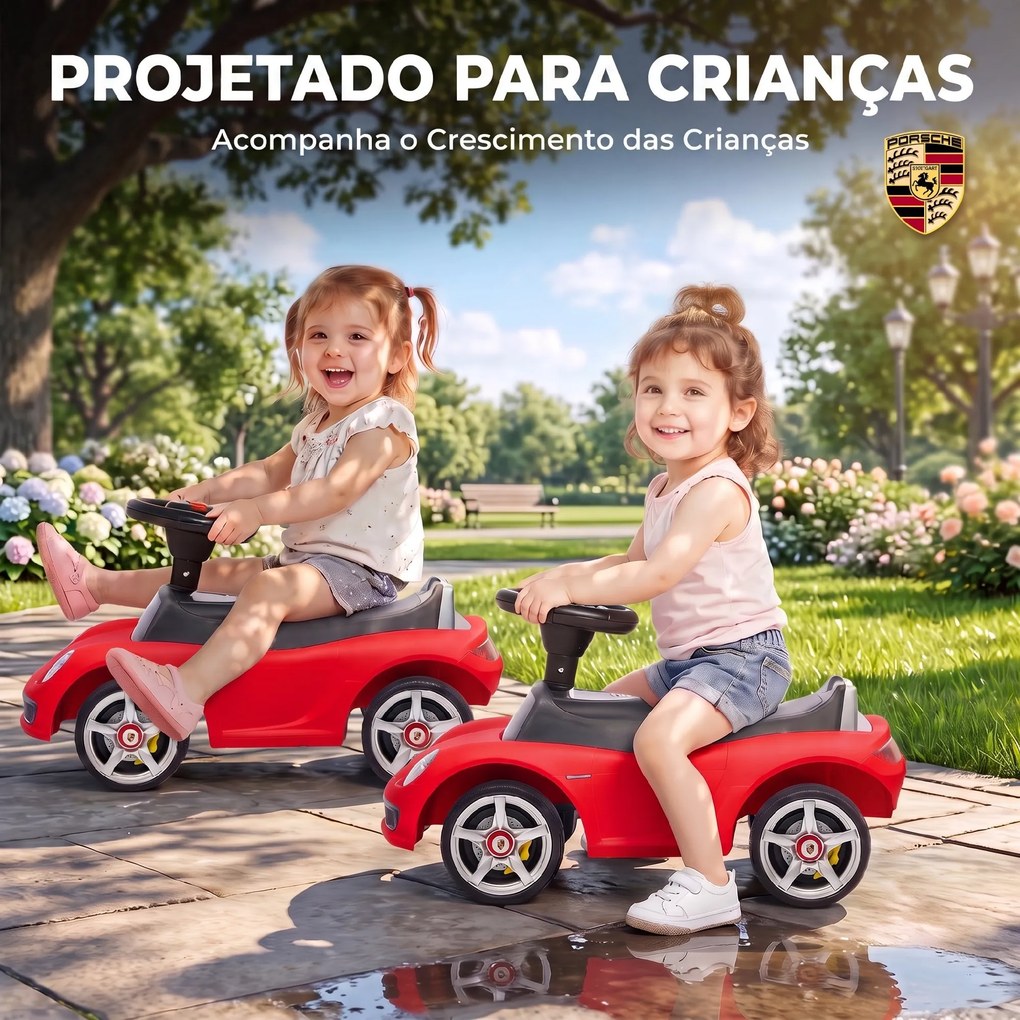 Carro sem Pedais para Crianças 18-36 Meses com Licença Porsche, 2 Faróis, Buzina e Som de Arranque, 63x28,5x38 cm, Vermelho