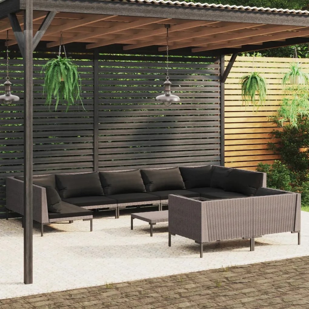 vidaXL 10 pcs conj. lounge jardim c/ almofadões vime PE cinza-escuro