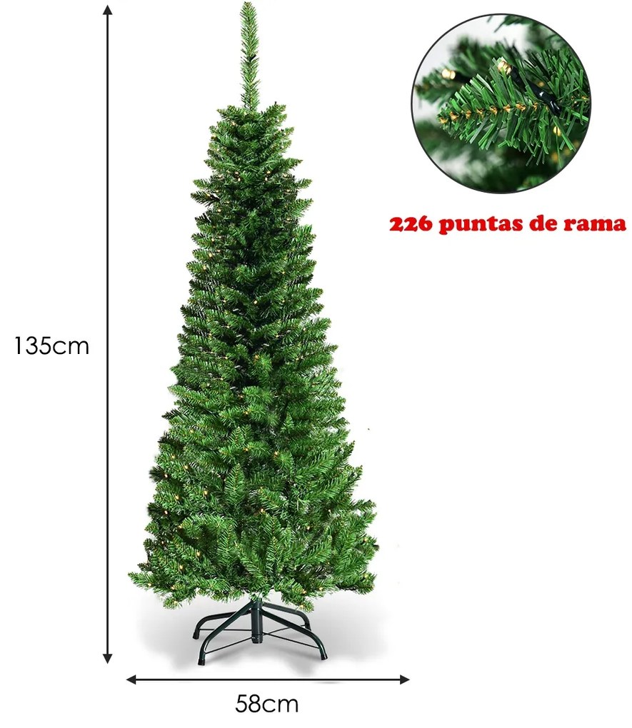 Árvore de Natal com neve de 1,35 m, 226 ramos, base metálica sólida e luzes LED Verde