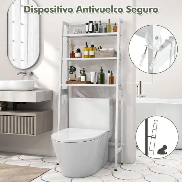 Estante de casa de banho sobre a sanita de 3 níveis com calha inferior ajustável Suporte para papel 2 ganchos laterais Branco