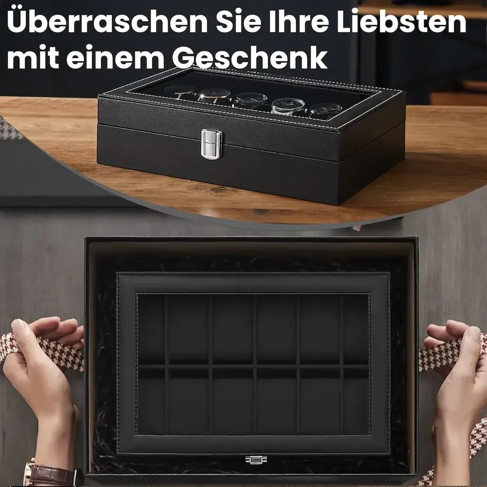 Caixa para relógios com 12 compartimentos 20,2 x 30,2 x 7,8 cm Preto