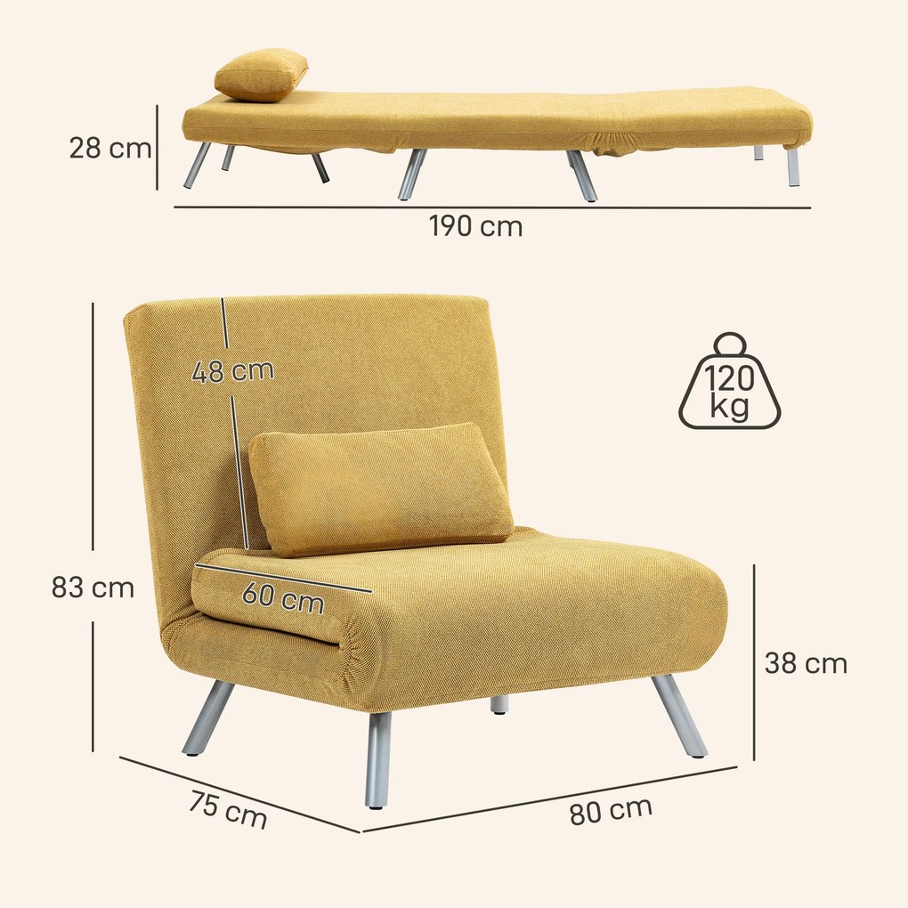 Sofá Cama Individual 3 em 1 Estofada em Padrão Dente de Cão com Encosto Ajustável de 5 Níveis 80x75x83 cm Amarelo