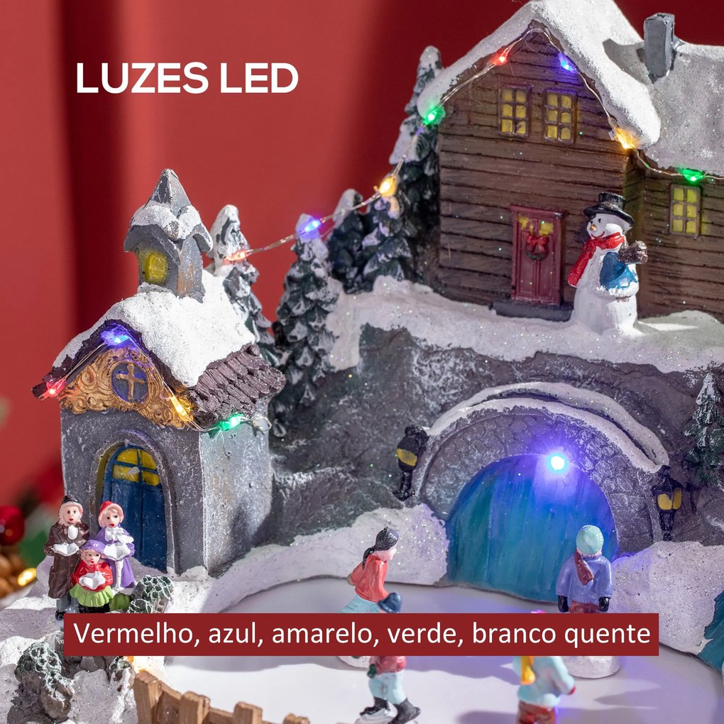 Cidade Natalícia Cena Decorativa de Natal Iluminada com Luzes LED Árvore Giratória e Pista de Patinagem Decoração de Natal de Mesa 32x25,5x24cm Multic