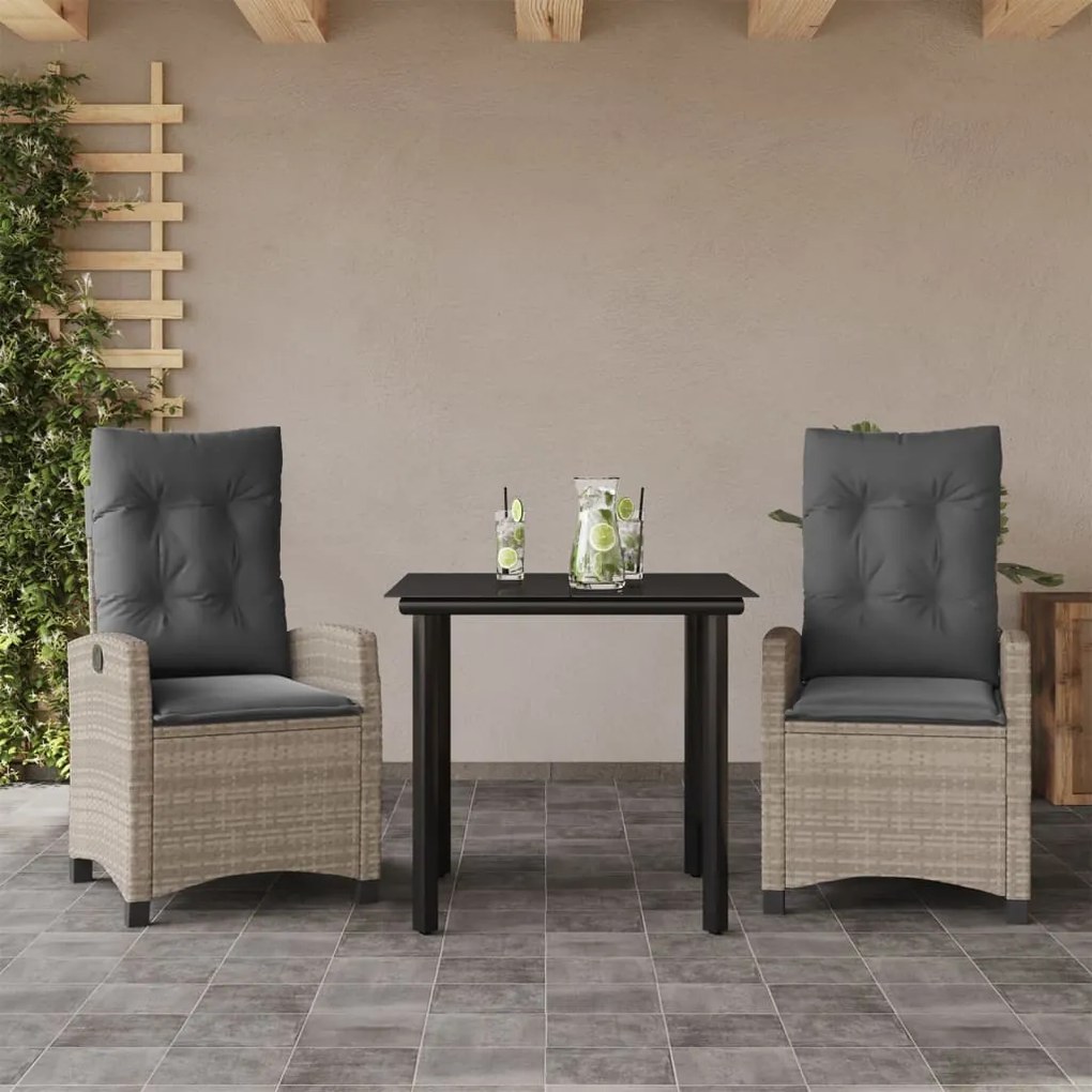 vidaXL 3 pcs conjunto de jantar p/ jardim c/ almofadões cinzento claro