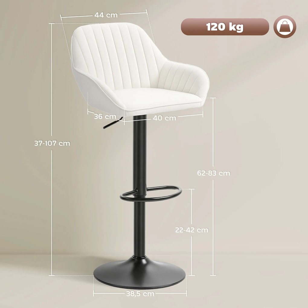 Conjunto de 2 Bancos de Bar Giratórios Bancos Altos de Cozinha com Altura Ajustável 50,5x50x87-107 cm Creme