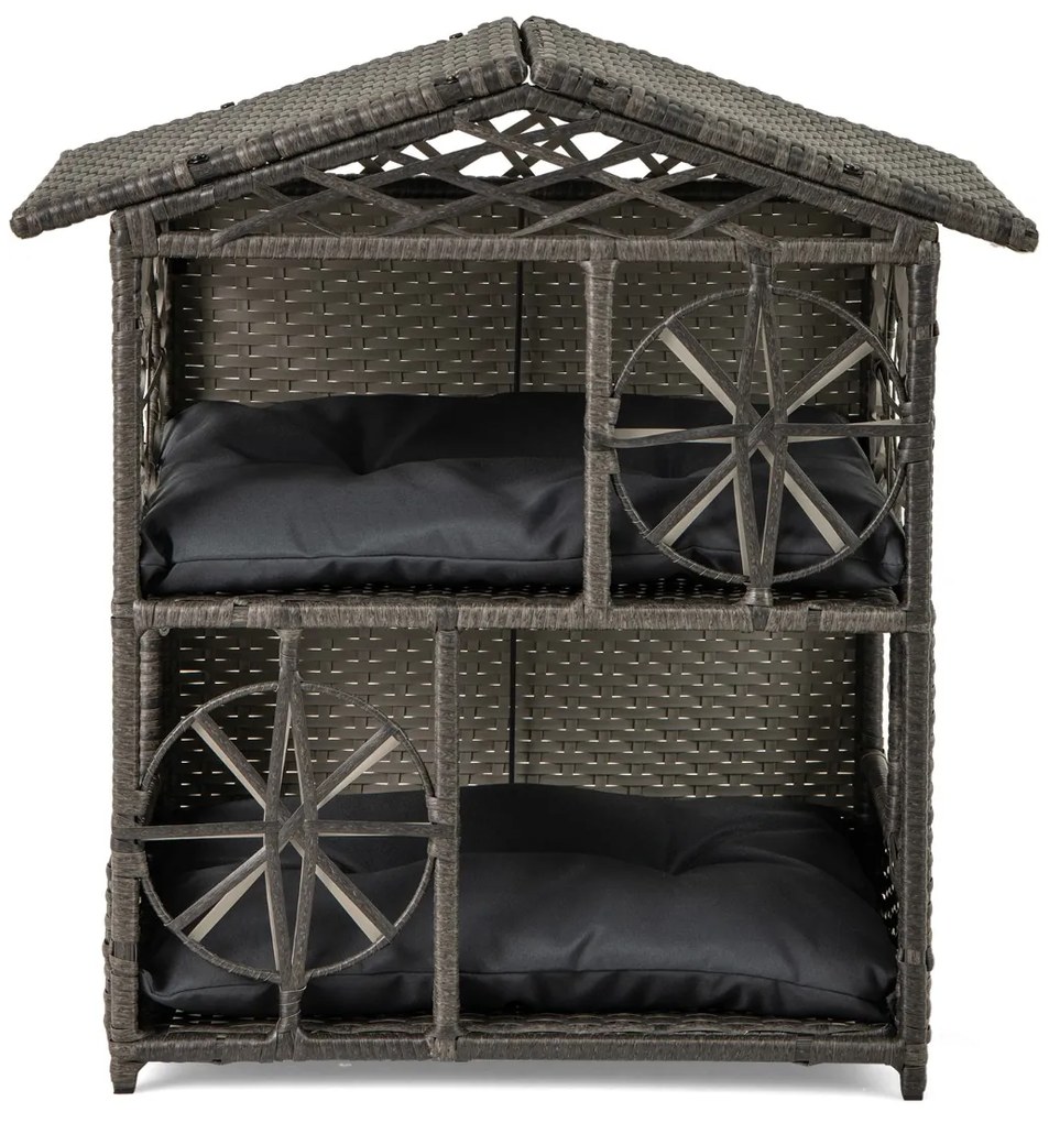 Casa para gatos em vime de 2 andares 69 x 40,5 x 70 cm com almofadas removíveis, teto, janelas e portas com sombra cinza.